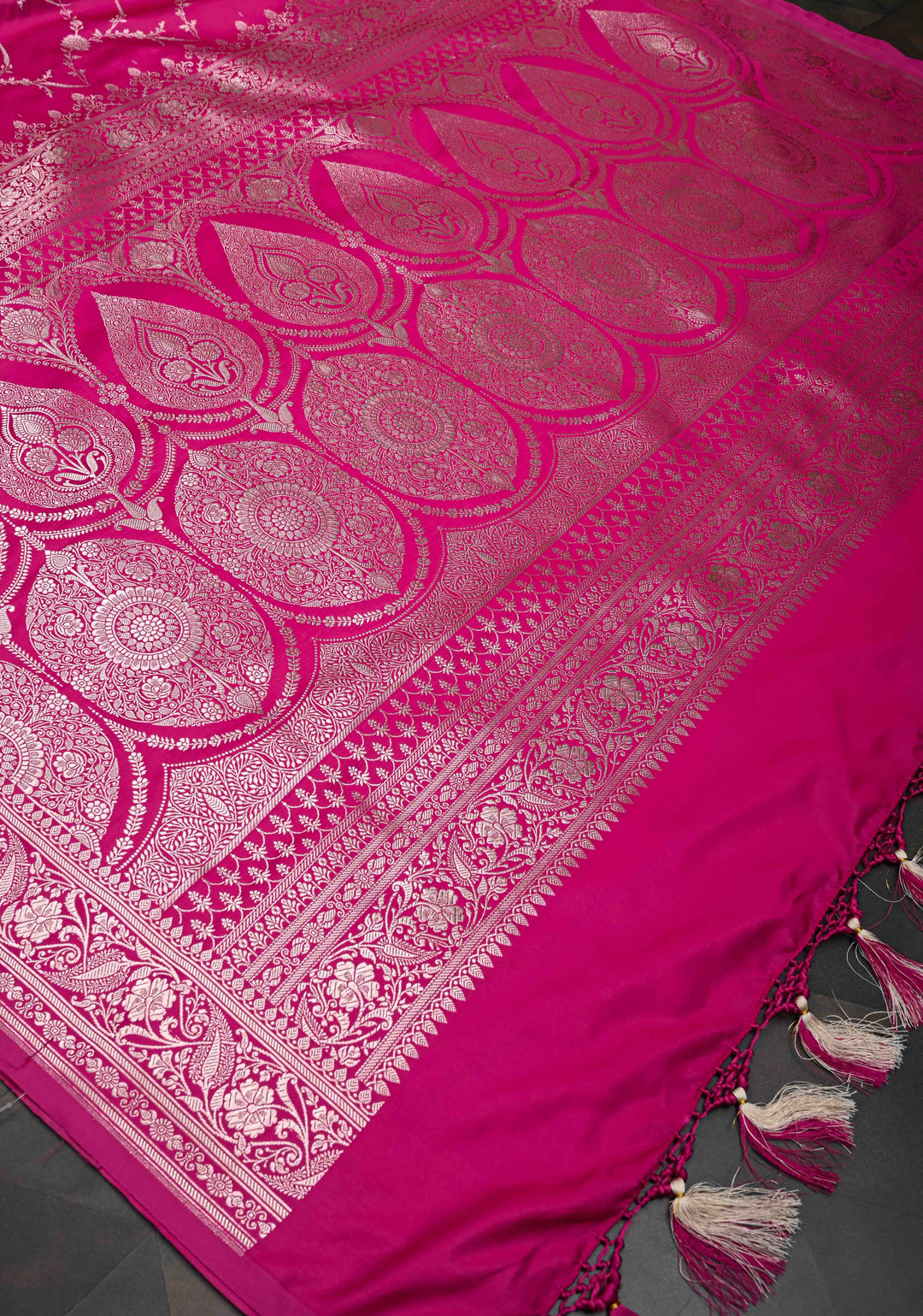Dark Hot Pink  Banarasi Semi Mashru Silk Saree with Floral Jaal and Zari Border