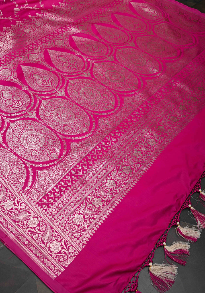 Dark Hot Pink  Banarasi Semi Mashru Silk Saree with Floral Jaal and Zari Border