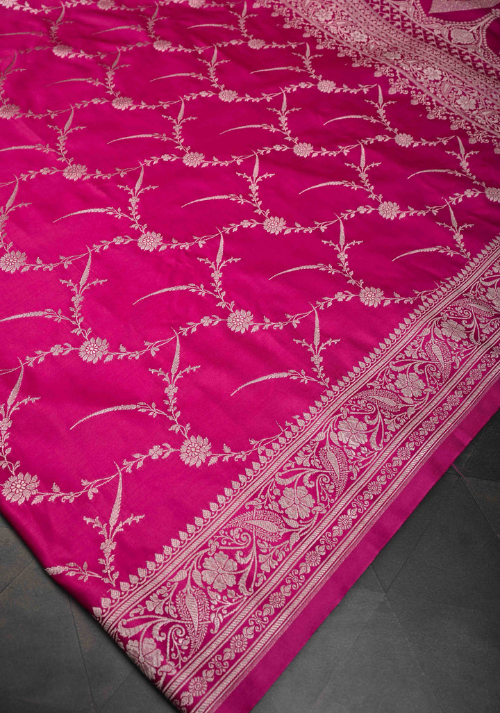 Dark Hot Pink  Banarasi Semi Mashru Silk Saree with Floral Jaal and Zari Border