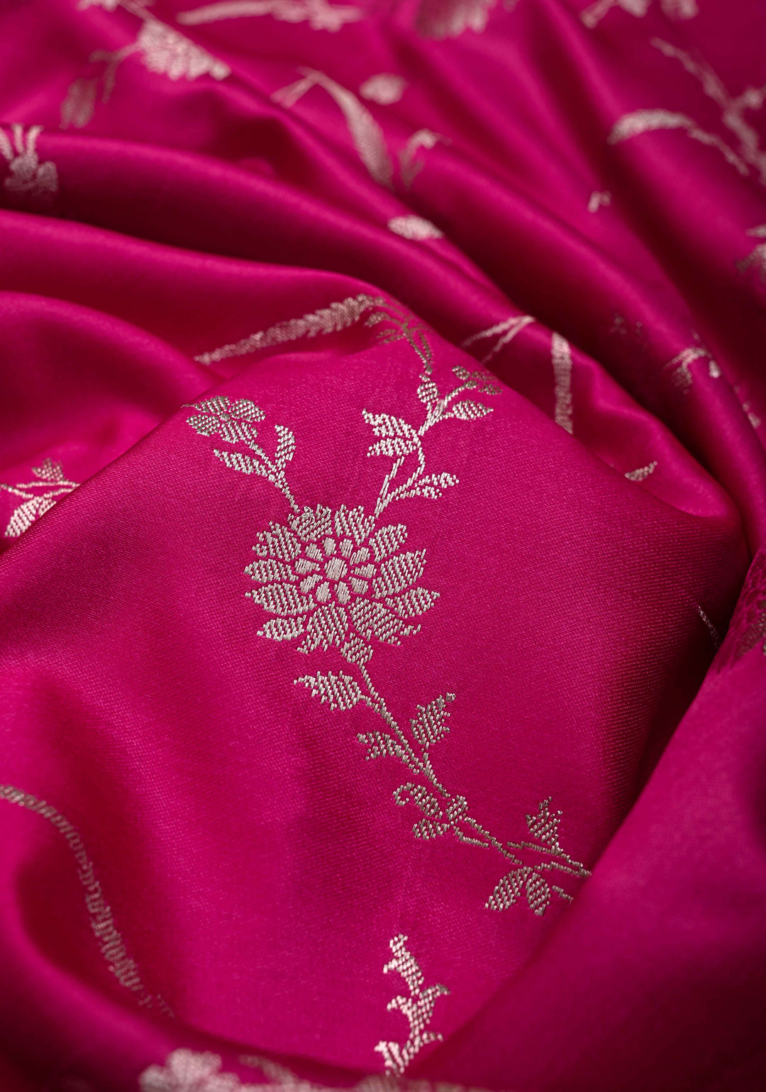 Dark Hot Pink  Banarasi Semi Mashru Silk Saree with Floral Jaal and Zari Border