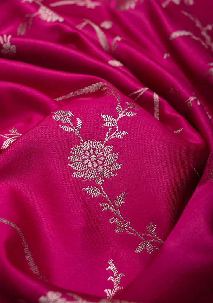 Dark Hot Pink  Banarasi Semi Mashru Silk Saree with Floral Jaal and Zari Border