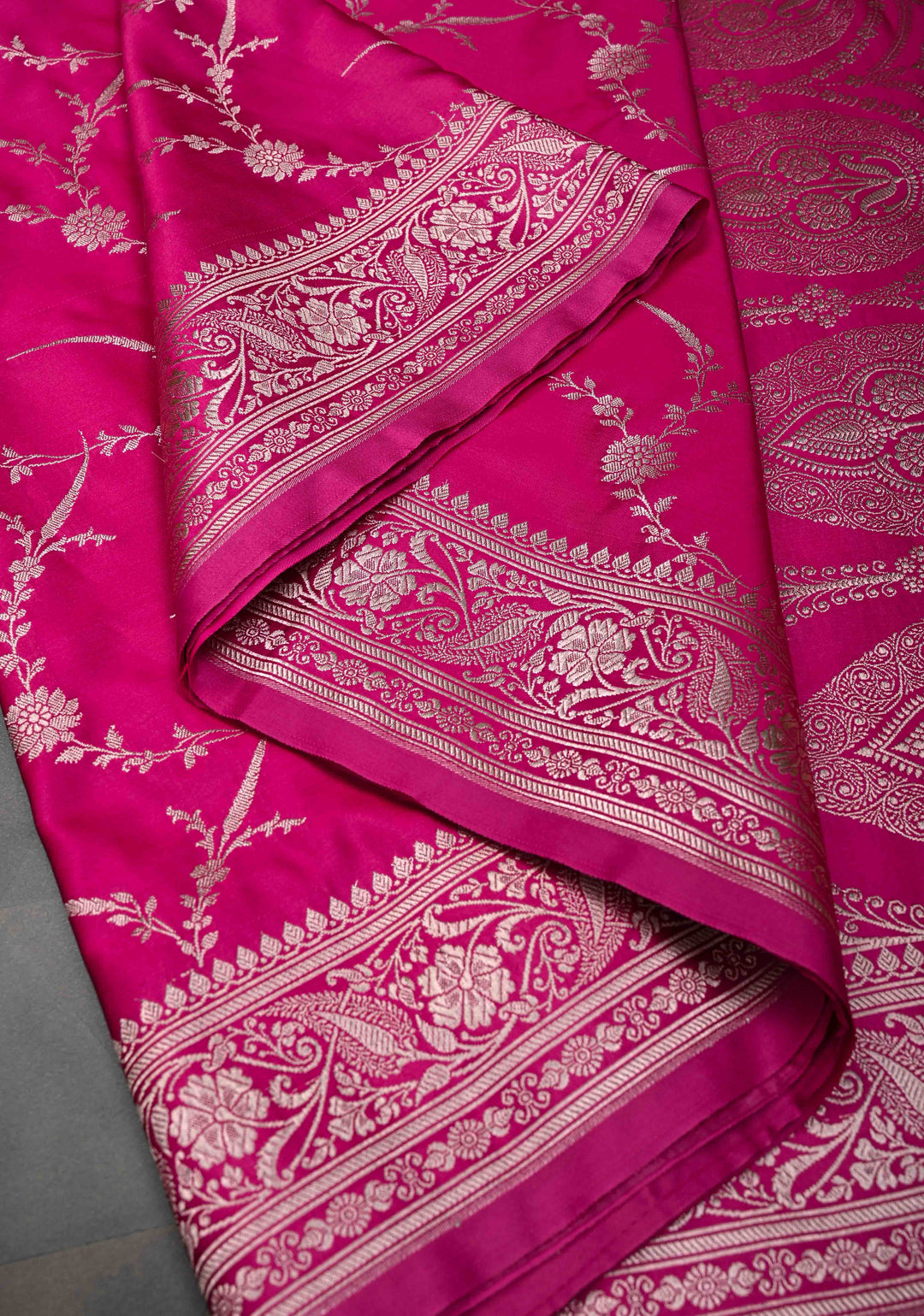Dark Hot Pink  Banarasi Semi Mashru Silk Saree with Floral Jaal and Zari Border