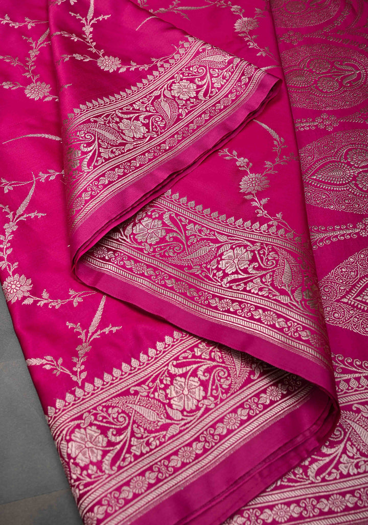 Dark Hot Pink  Banarasi Semi Mashru Silk Saree with Floral Jaal and Zari Border
