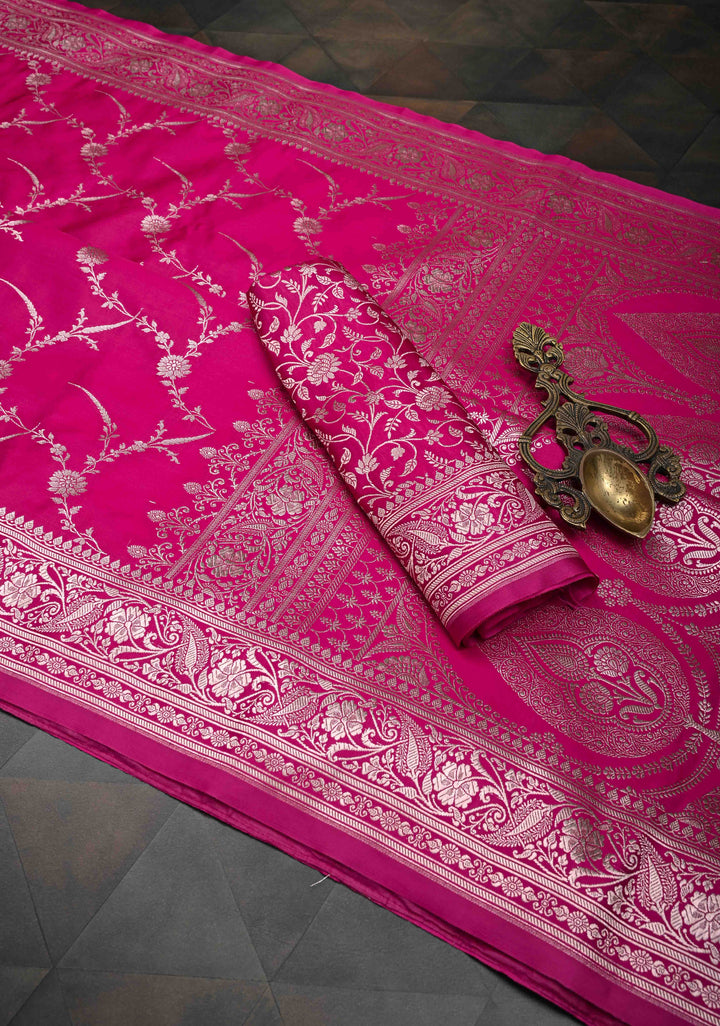 Dark Hot Pink  Banarasi Semi Mashru Silk Saree with Floral Jaal and Zari Border