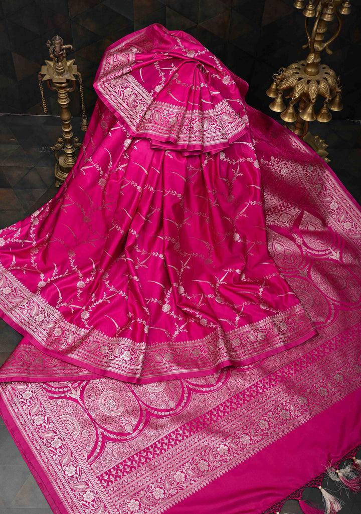 Dark Hot Pink  Banarasi Semi Mashru Silk Saree with Floral Jaal and Zari Border