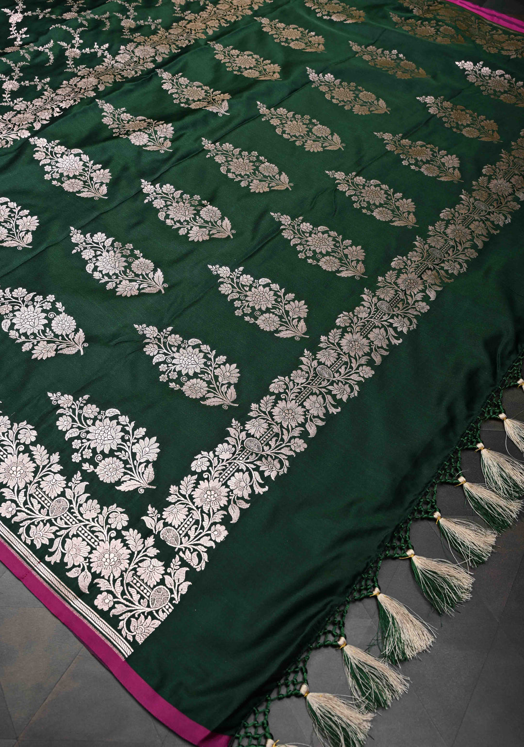 Bottle Green  Banarasi Semi Mashru Silk Saree with Floral Vine Jaal and Zari Border