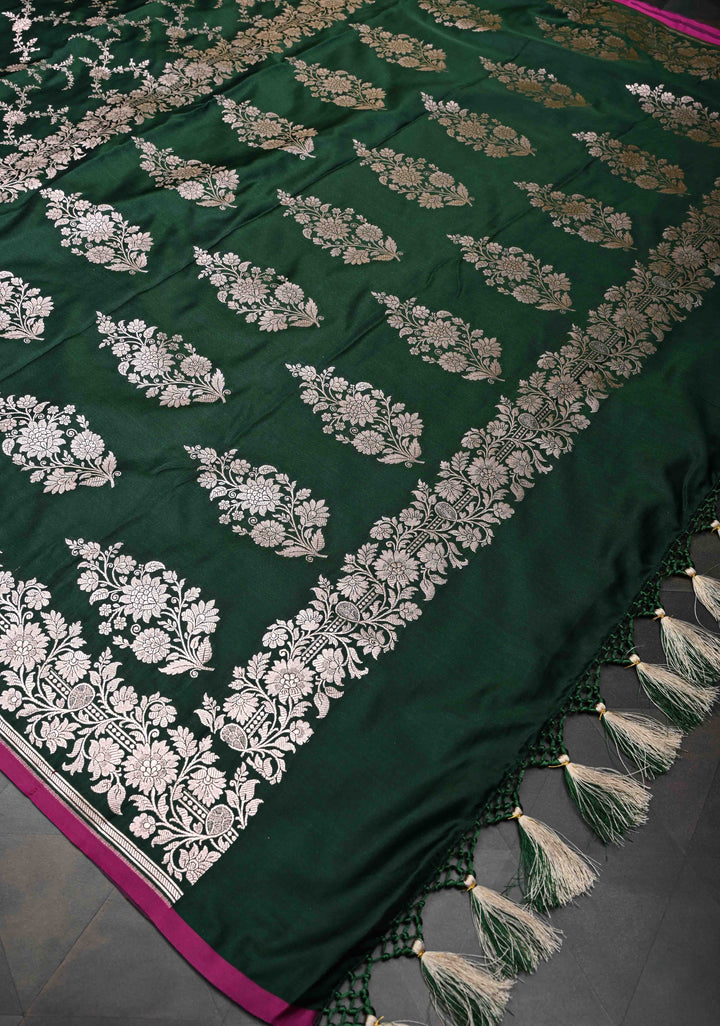 Bottle Green  Banarasi Semi Mashru Silk Saree with Floral Vine Jaal and Zari Border