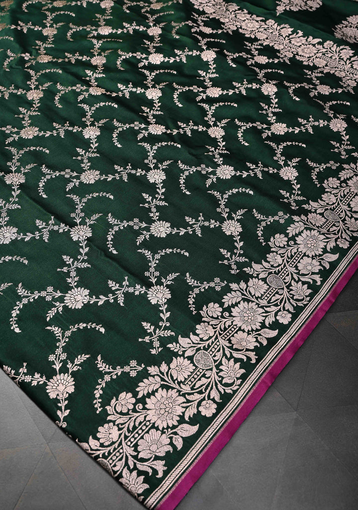 Bottle Green  Banarasi Semi Mashru Silk Saree with Floral Vine Jaal and Zari Border