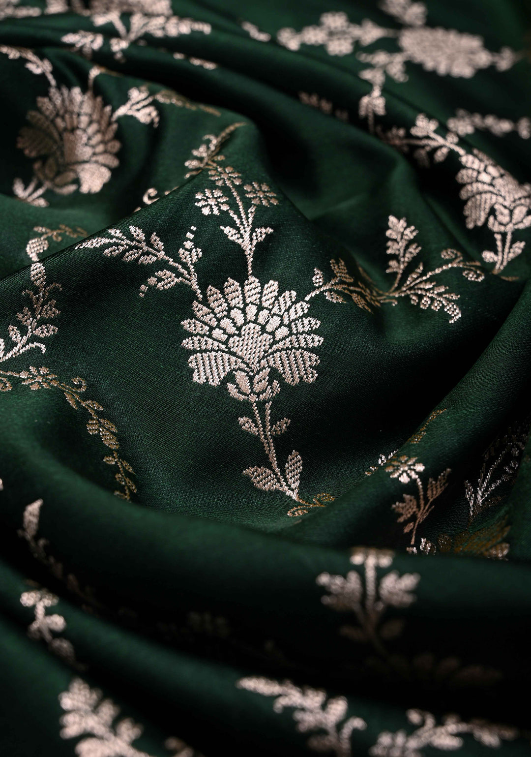 Bottle Green  Banarasi Semi Mashru Silk Saree with Floral Vine Jaal and Zari Border