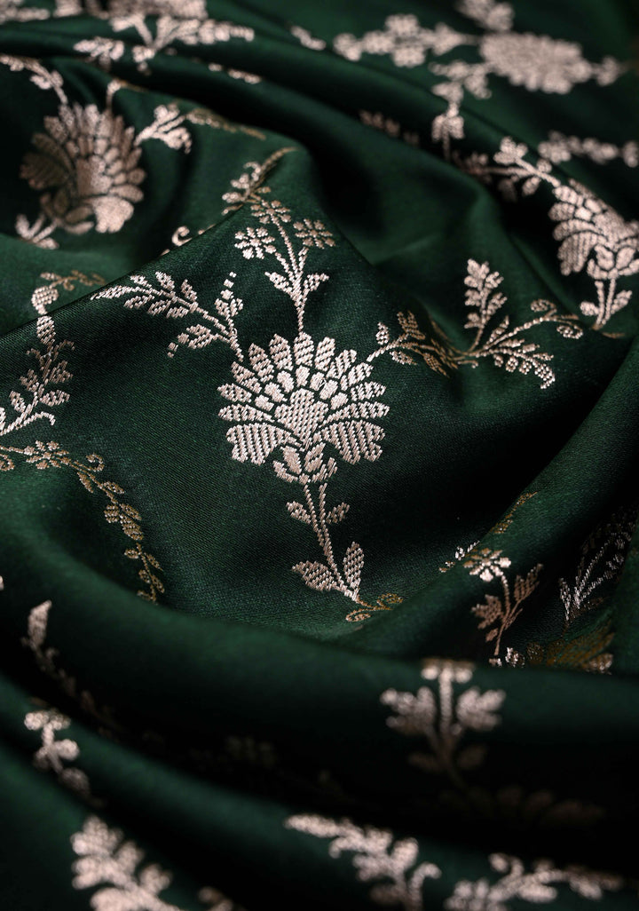 Bottle Green  Banarasi Semi Mashru Silk Saree with Floral Vine Jaal and Zari Border
