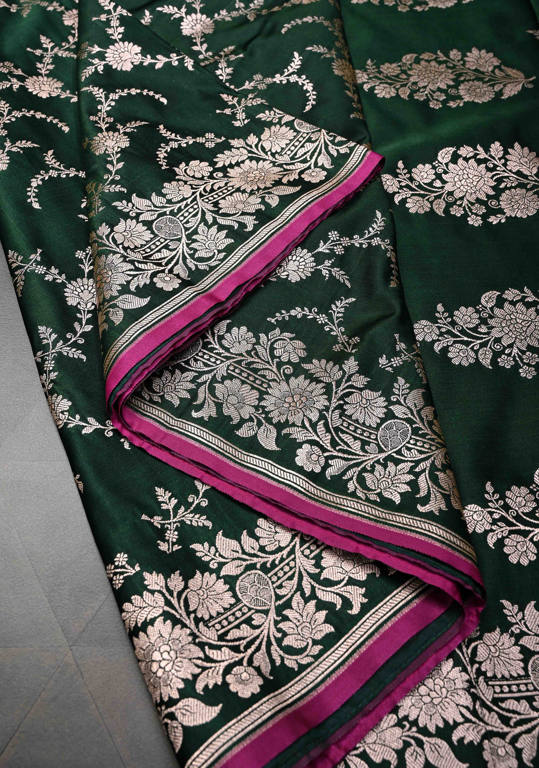 Bottle Green  Banarasi Semi Mashru Silk Saree with Floral Vine Jaal and Zari Border