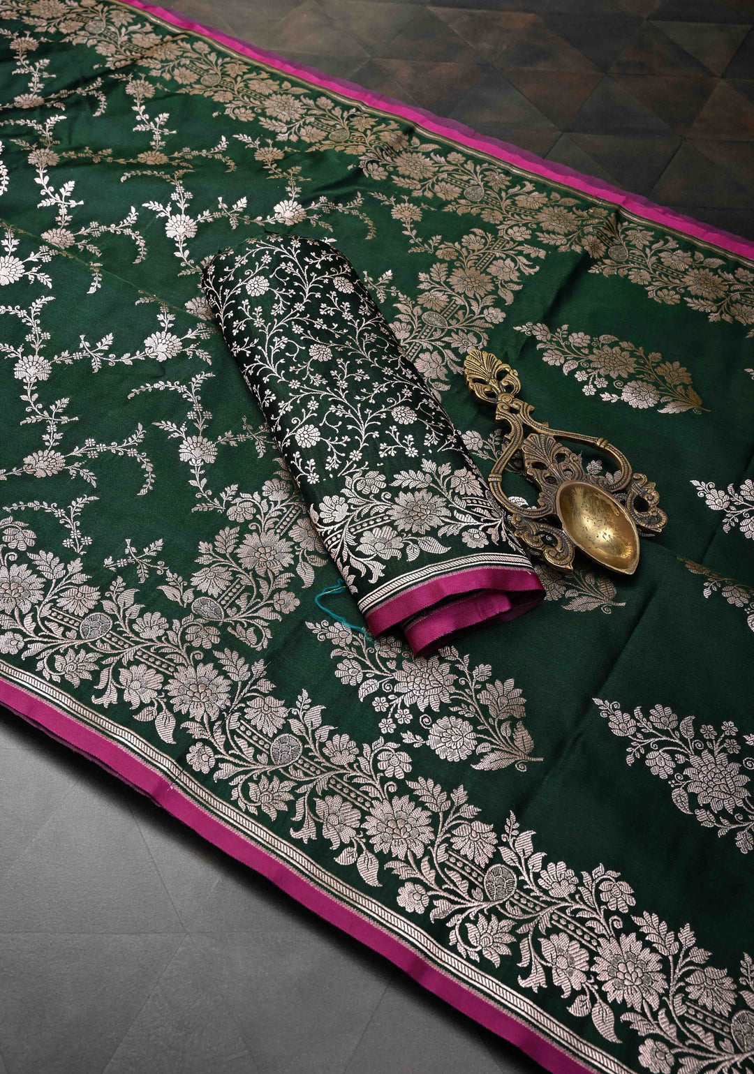Bottle Green  Banarasi Semi Mashru Silk Saree with Floral Vine Jaal and Zari Border