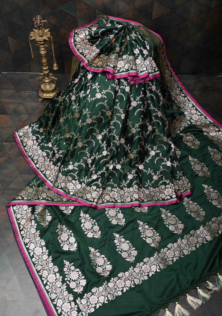 Bottle Green  Banarasi Semi Mashru Silk Saree with Floral Vine Jaal and Zari Border