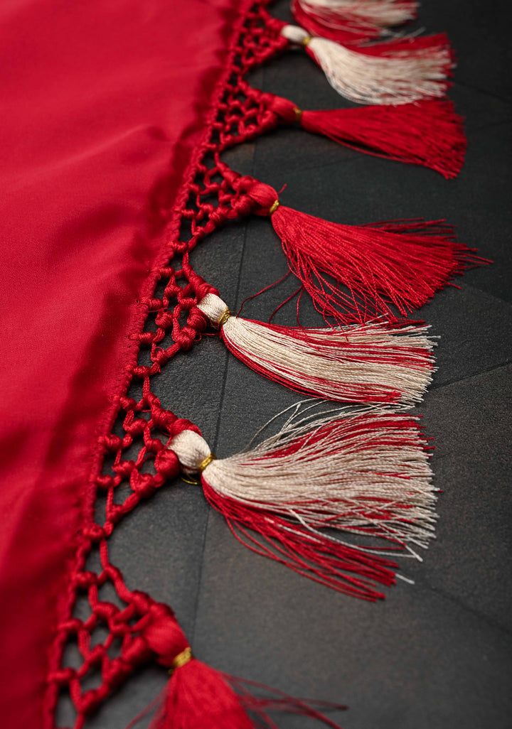 Vermillion Banarasi  Semi Mashru Silk Saree with Floral Zari Buttas and Zari Border