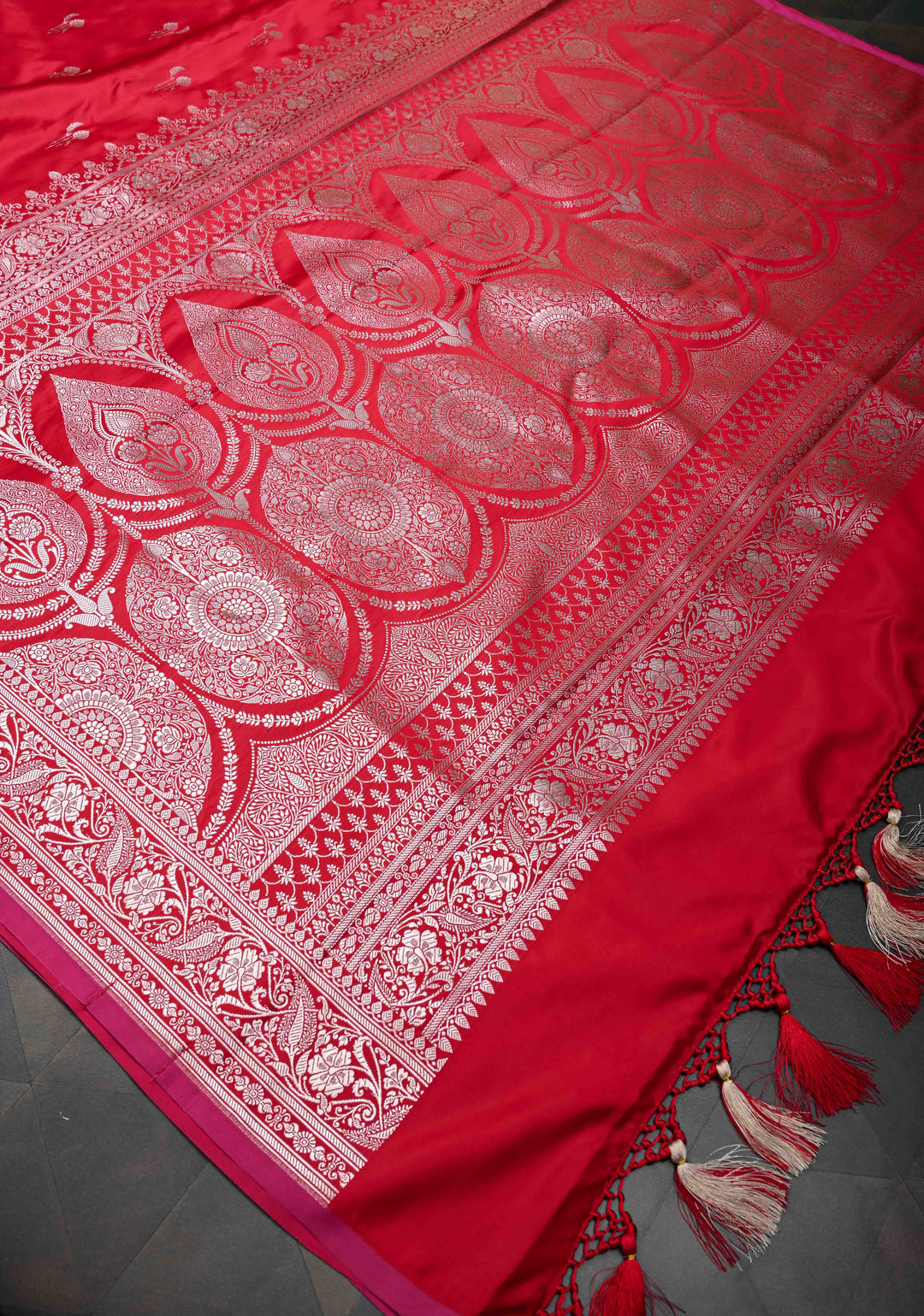 Vermillion Banarasi  Semi Mashru Silk Saree with Floral Zari Buttas and Zari Border