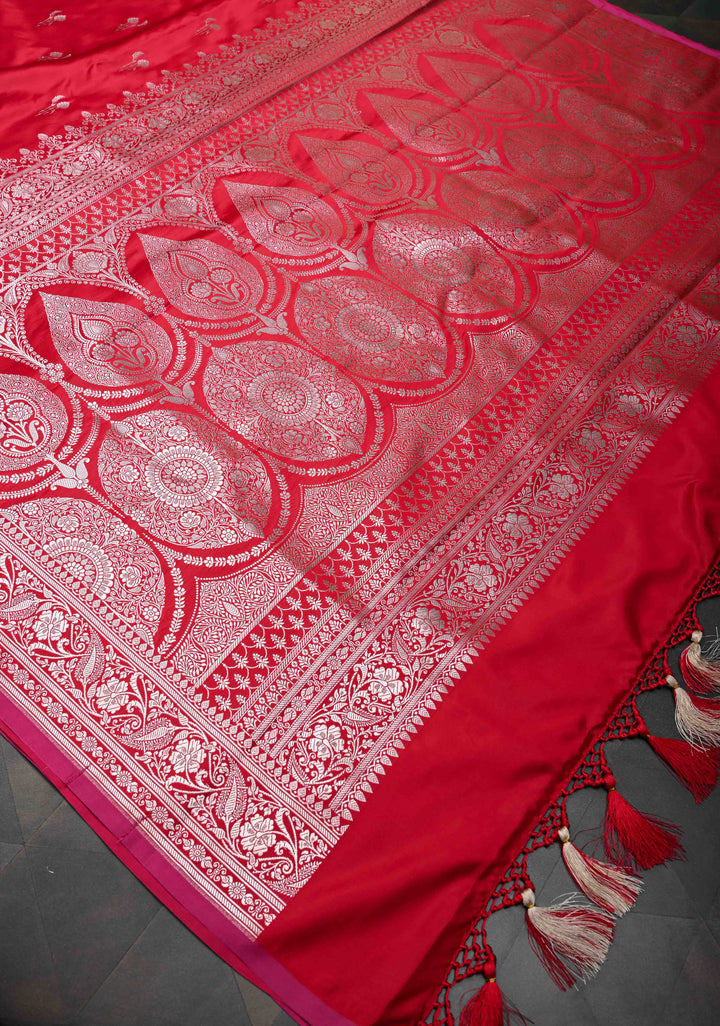 Vermillion Banarasi  Semi Mashru Silk Saree with Floral Zari Buttas and Zari Border