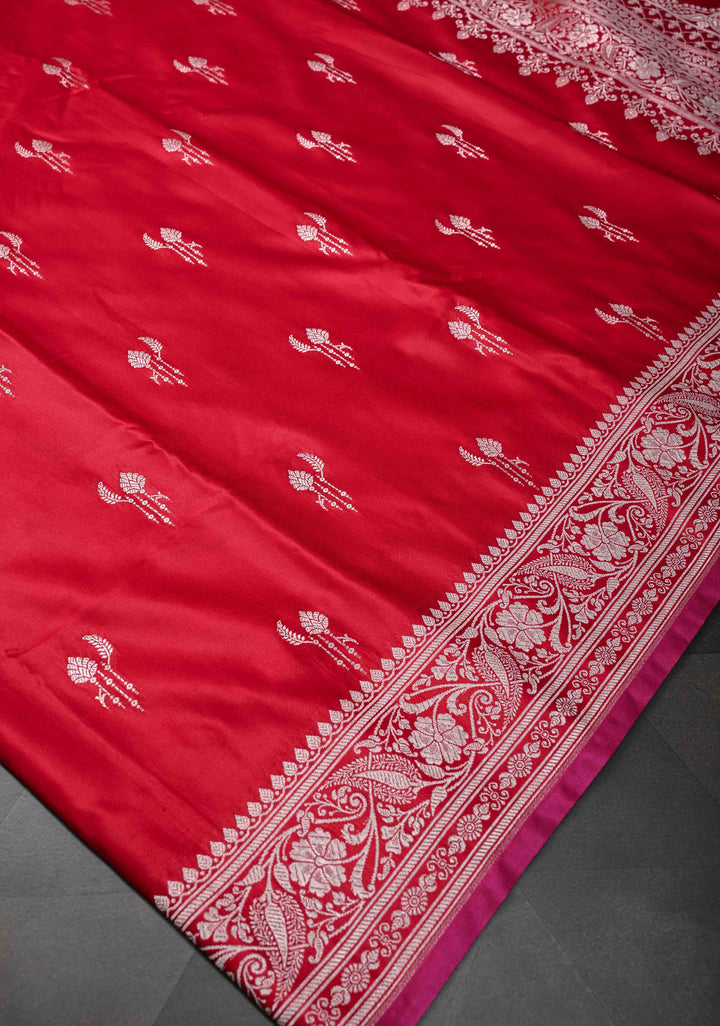 Vermillion Banarasi  Semi Mashru Silk Saree with Floral Zari Buttas and Zari Border