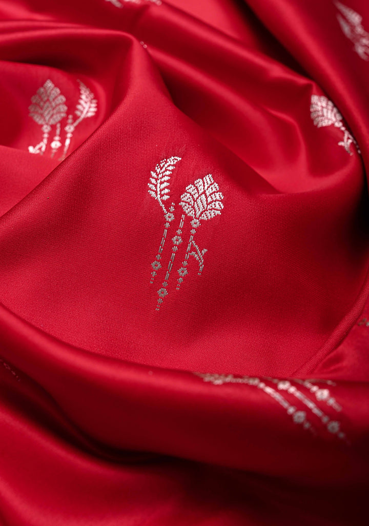 Vermillion Banarasi  Semi Mashru Silk Saree with Floral Zari Buttas and Zari Border
