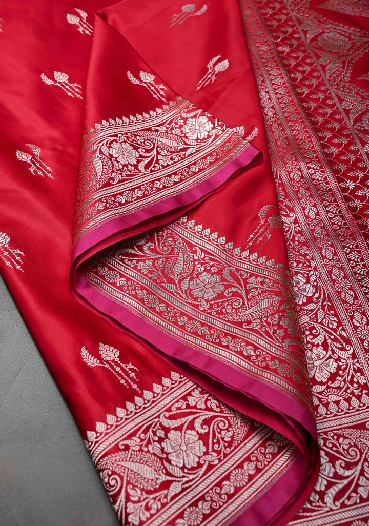 Vermillion Banarasi  Semi Mashru Silk Saree with Floral Zari Buttas and Zari Border