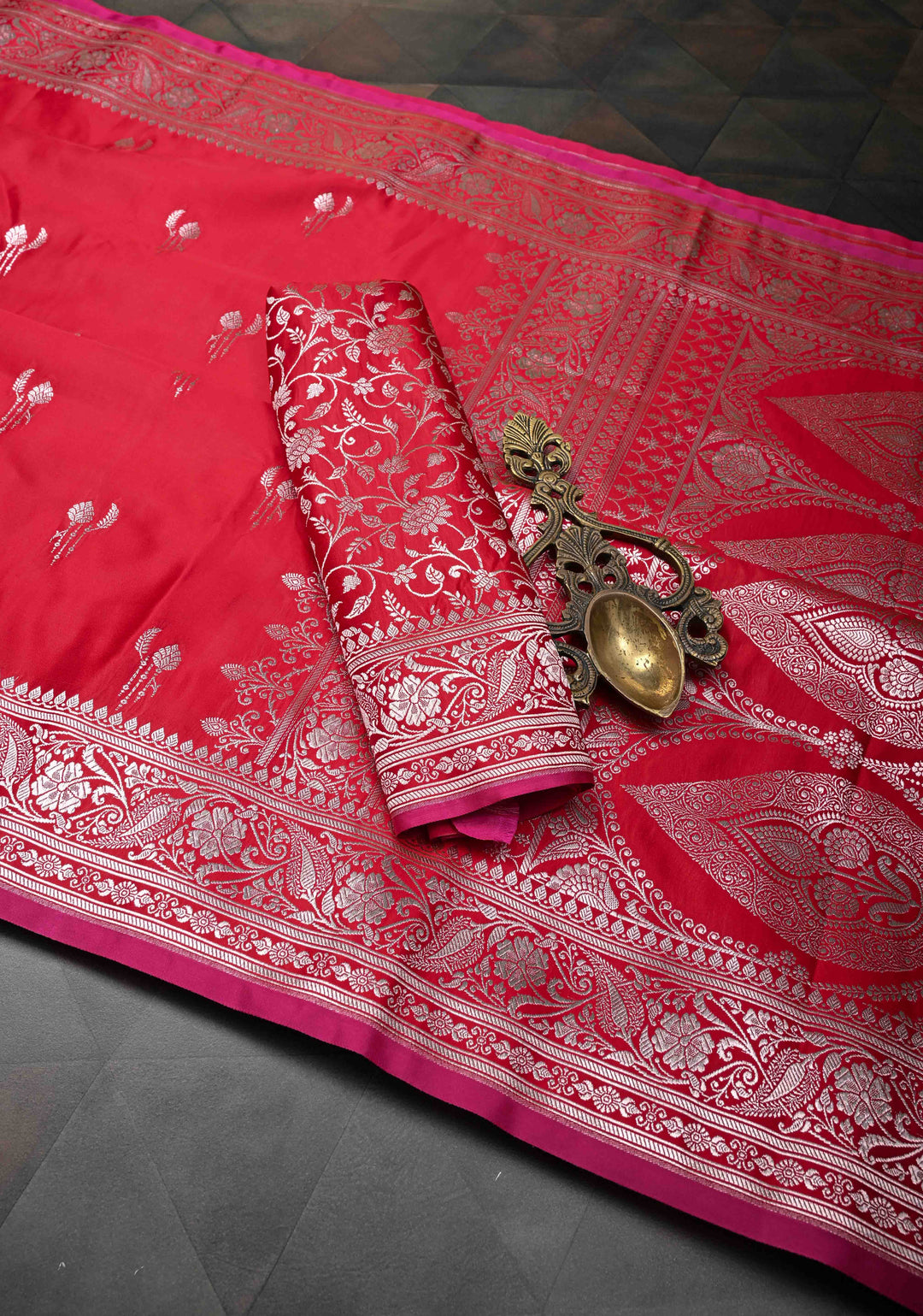 Vermillion Banarasi  Semi Mashru Silk Saree with Floral Zari Buttas and Zari Border
