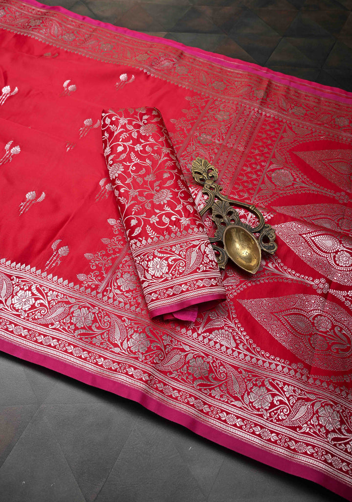 Vermillion Banarasi  Semi Mashru Silk Saree with Floral Zari Buttas and Zari Border