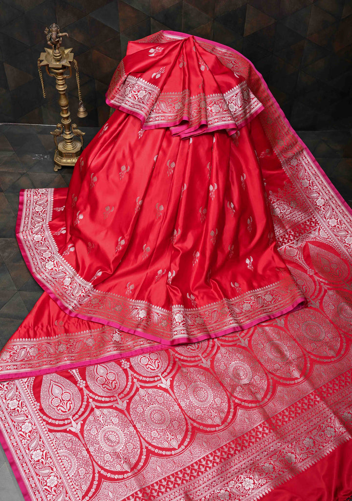 Vermillion Banarasi  Semi Mashru Silk Saree with Floral Zari Buttas and Zari Border