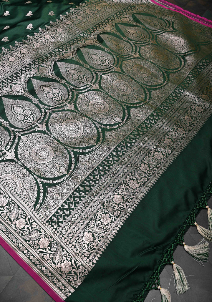 Emerald  Green Banarasi Semi Mashru Silk Saree with Floral Zari Buttas and Zari border