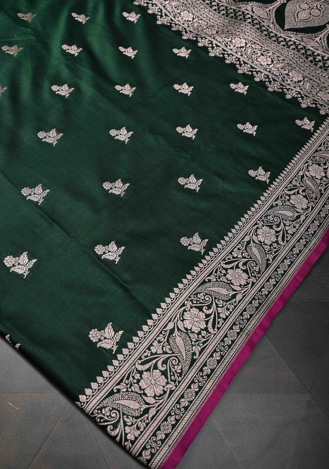 Emerald  Green Banarasi Semi Mashru Silk Saree with Floral Zari Buttas and Zari border