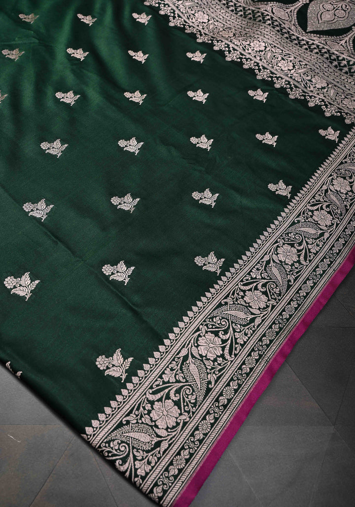 Emerald  Green Banarasi Semi Mashru Silk Saree with Floral Zari Buttas and Zari border
