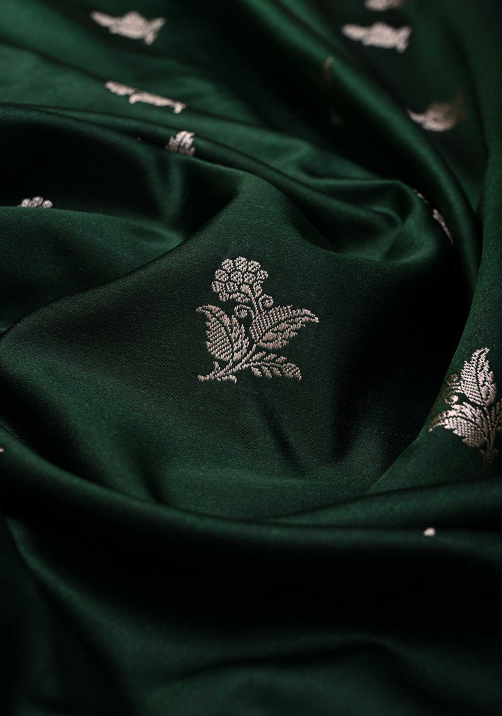Emerald  Green Banarasi Semi Mashru Silk Saree with Floral Zari Buttas and Zari border