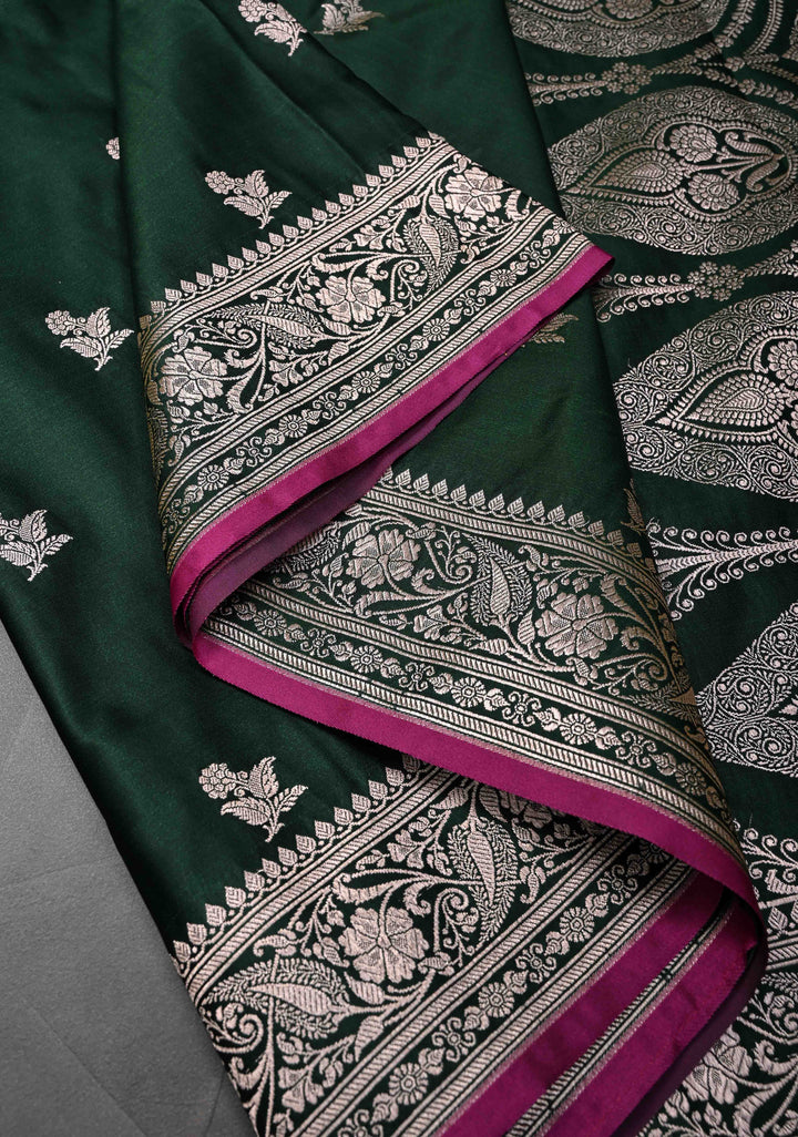 Emerald  Green Banarasi Semi Mashru Silk Saree with Floral Zari Buttas and Zari border