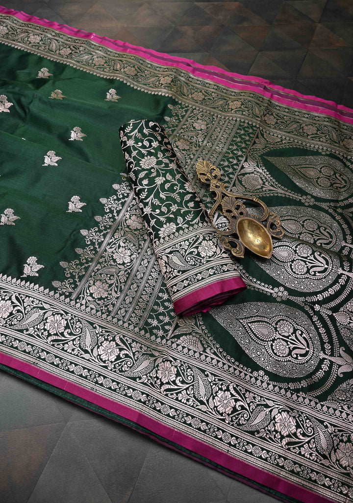 Emerald  Green Banarasi Semi Mashru Silk Saree with Floral Zari Buttas and Zari border