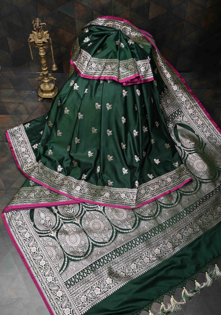 Emerald  Green Banarasi Semi Mashru Silk Saree with Floral Zari Buttas and Zari border