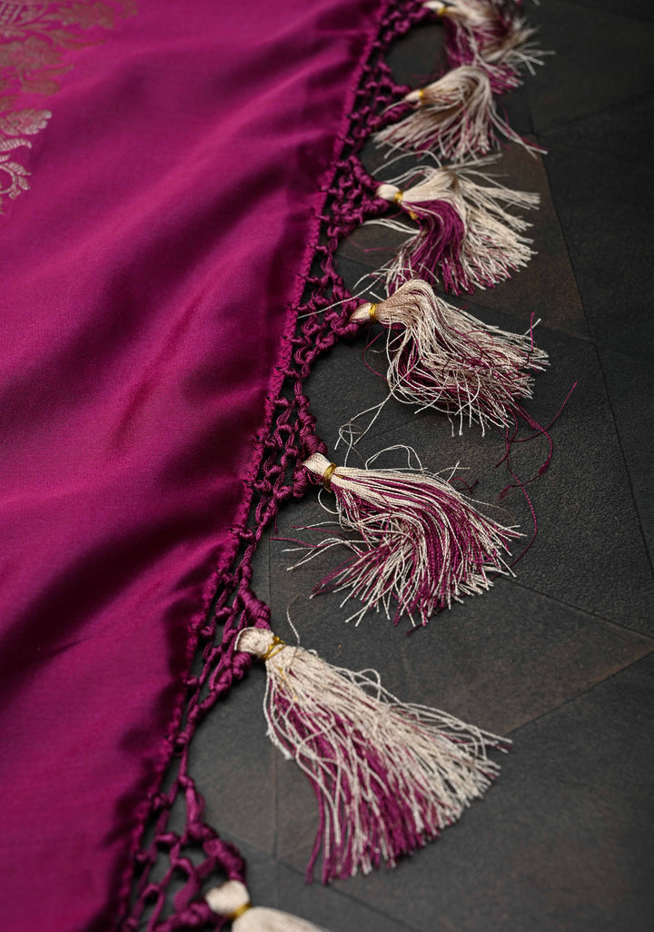 Deep Pink Banarasi Semi Mashru Silk Saree with Floral Jaal and Zari Border