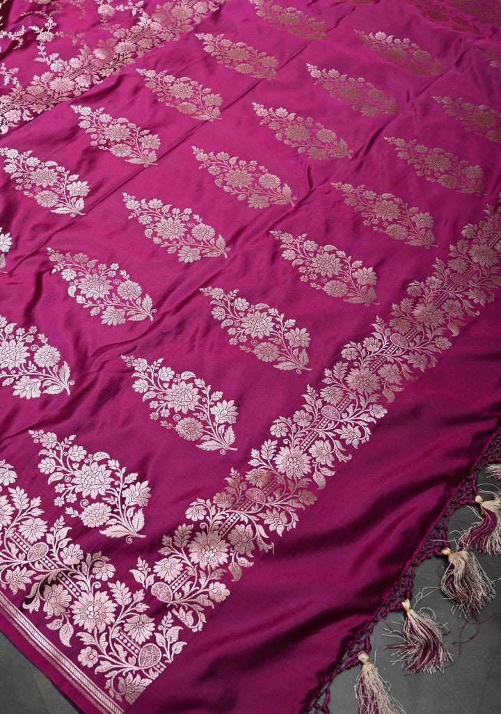 Deep Pink Banarasi Semi Mashru Silk Saree with Floral Jaal and Zari Border