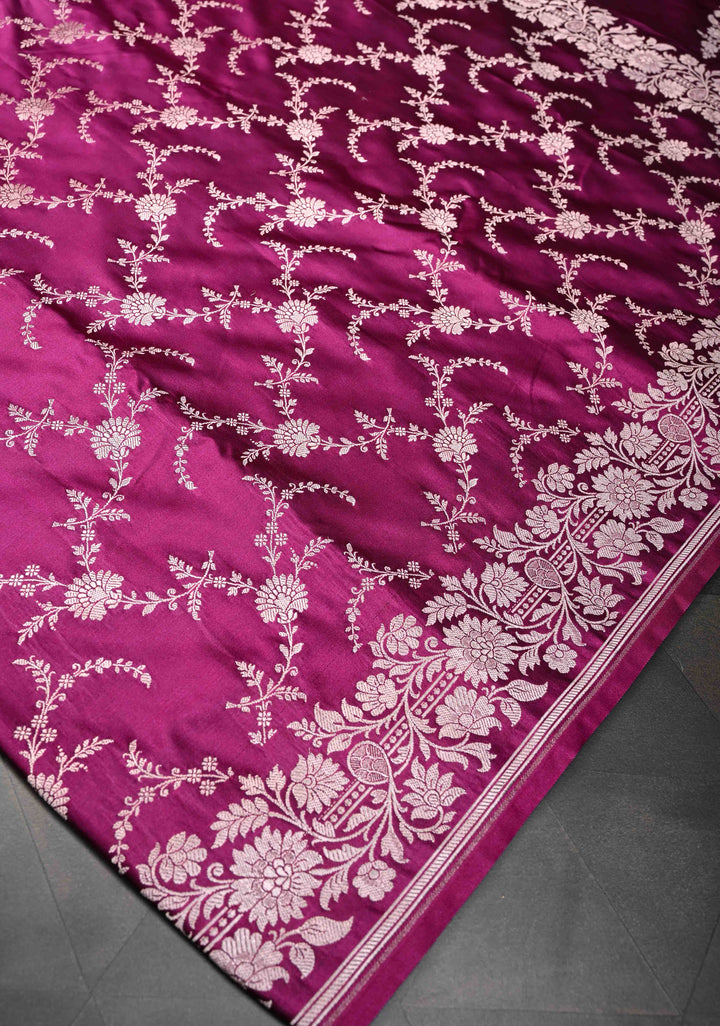 Deep Pink Banarasi Semi Mashru Silk Saree with Floral Jaal and Zari Border