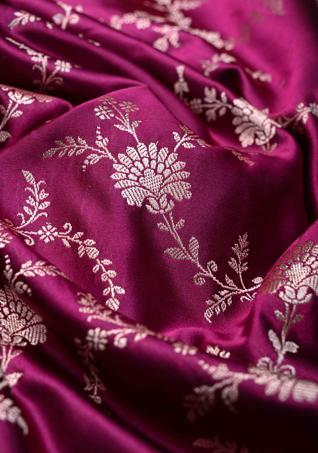 Deep Pink Banarasi Semi Mashru Silk Saree with Floral Jaal and Zari Border