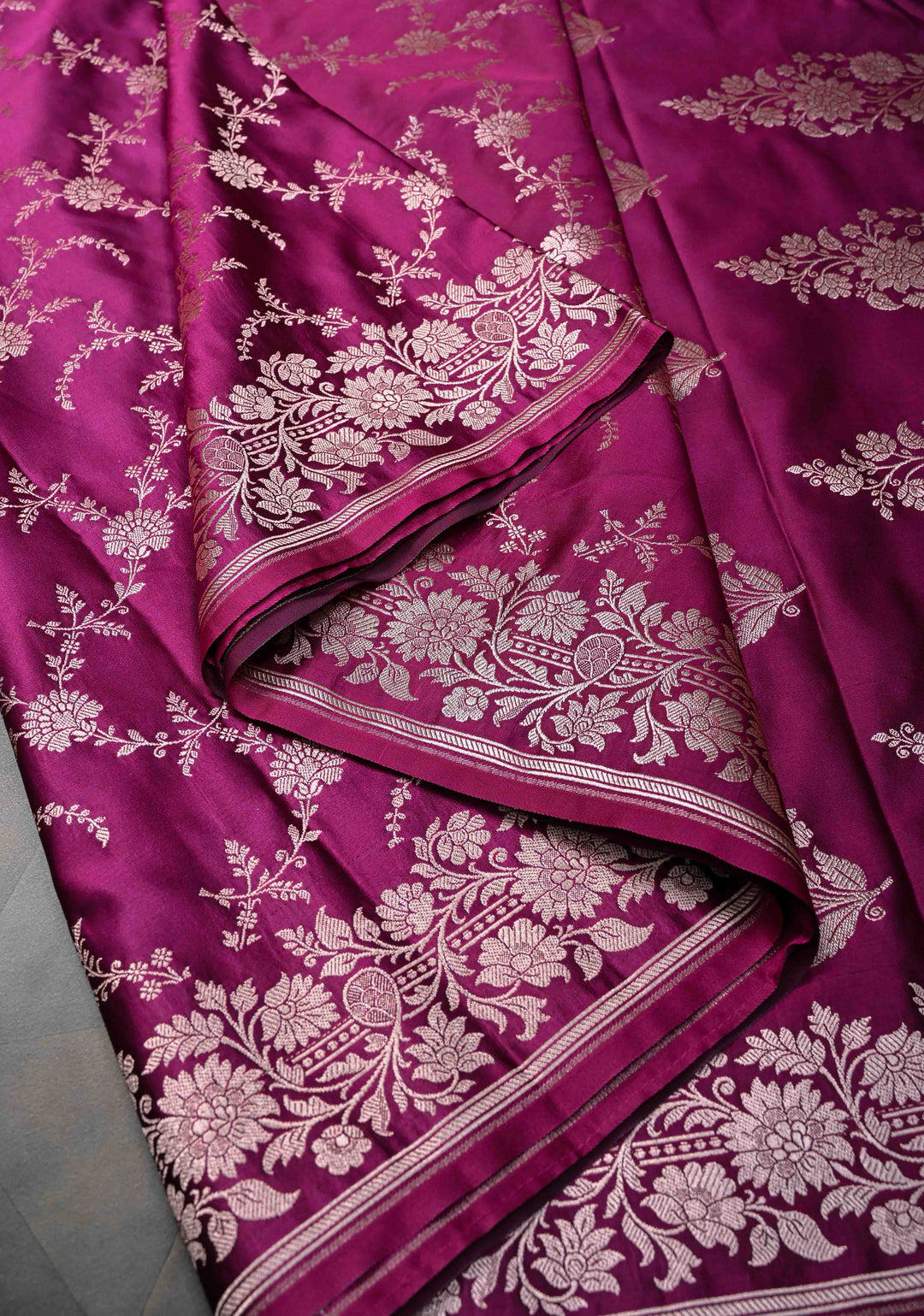Deep Pink Banarasi Semi Mashru Silk Saree with Floral Jaal and Zari Border