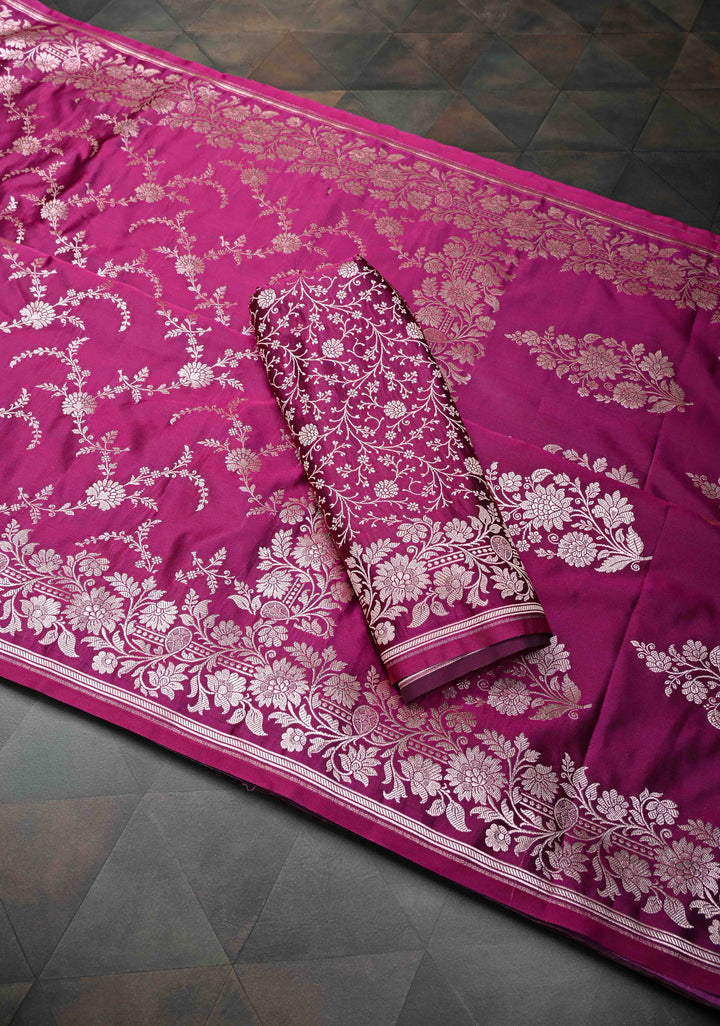 Deep Pink Banarasi Semi Mashru Silk Saree with Floral Jaal and Zari Border