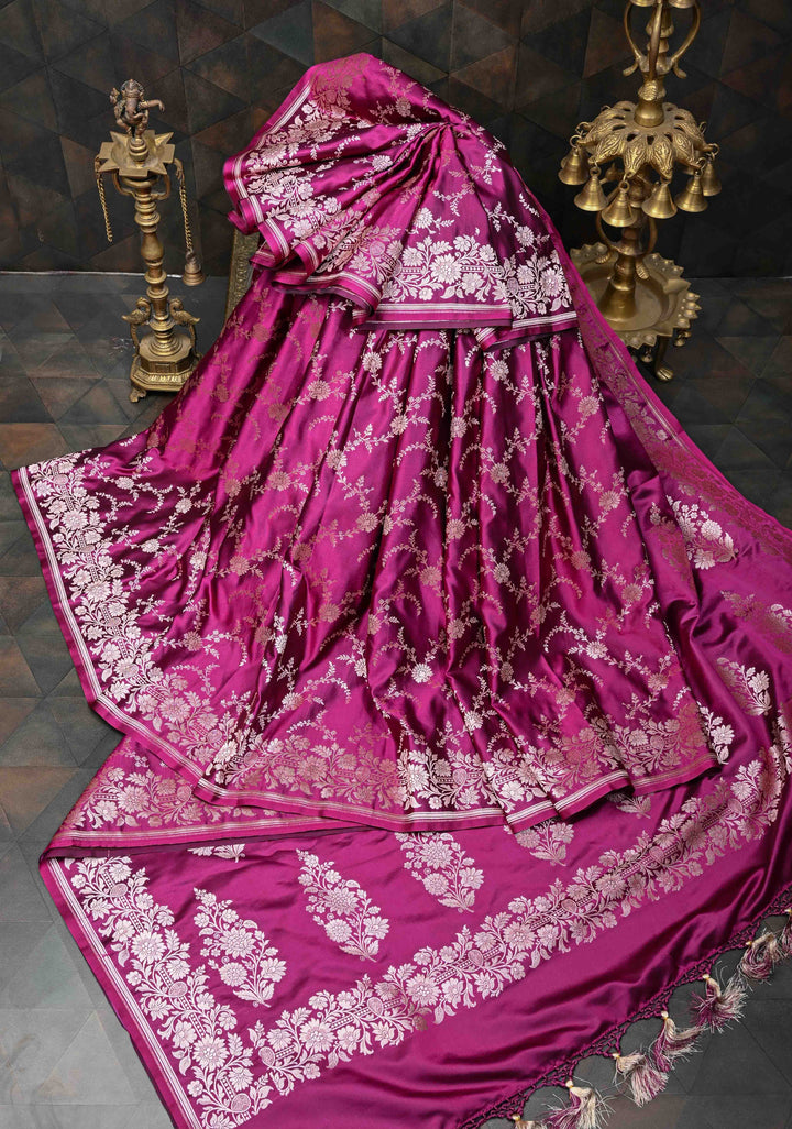 Deep Pink Banarasi Semi Mashru Silk Saree with Floral Jaal and Zari Border