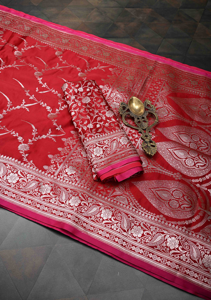 Blood Red Banarasi Semi Mashru Silk Saree with Floral Jaal and Zari Border
