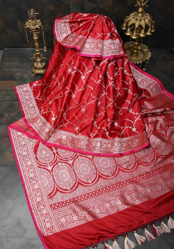 Blood Red Banarasi Semi Mashru Silk Saree with Floral Jaal and Zari Border
