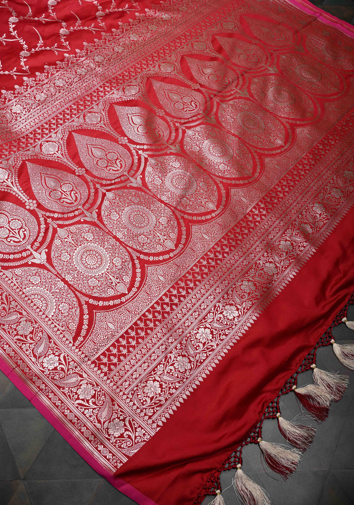 Blood Red Banarasi Semi Mashru Silk Saree with Floral Jaal and Zari Border