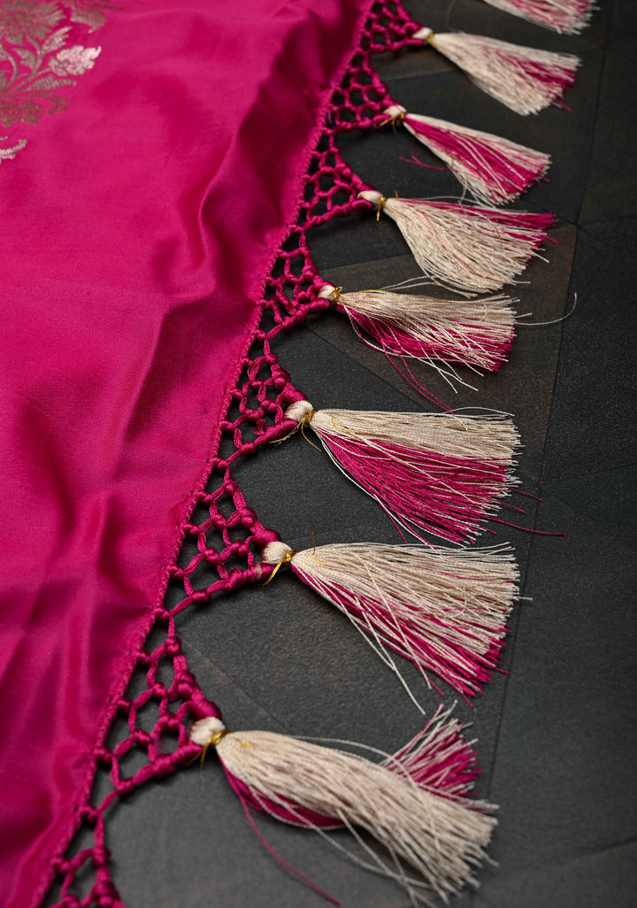Shot Pink  Banarasi Semi Mashru Silk Saree with Floral Jaal and Zari Border