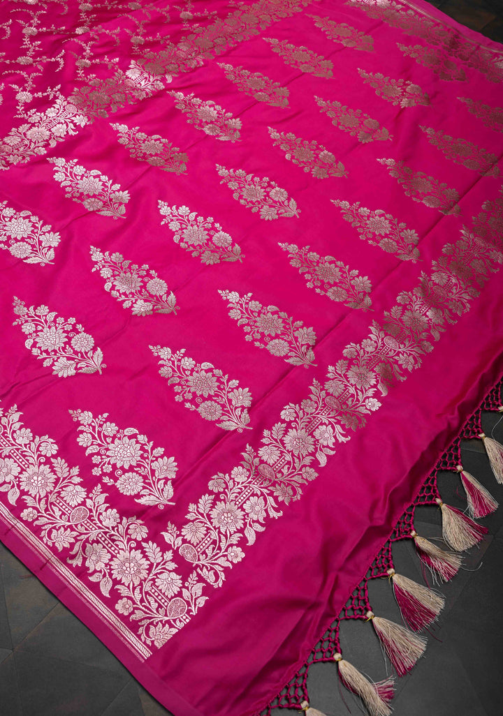 Shot Pink  Banarasi Semi Mashru Silk Saree with Floral Jaal and Zari Border