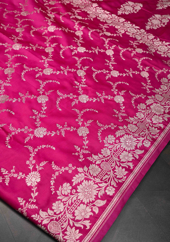 Shot Pink  Banarasi Semi Mashru Silk Saree with Floral Jaal and Zari Border