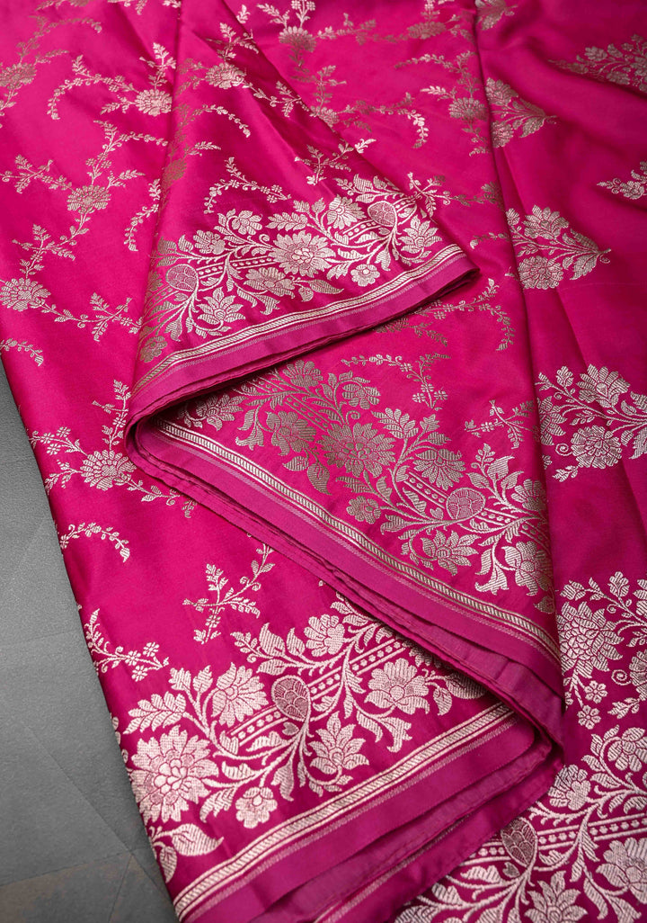 Shot Pink  Banarasi Semi Mashru Silk Saree with Floral Jaal and Zari Border