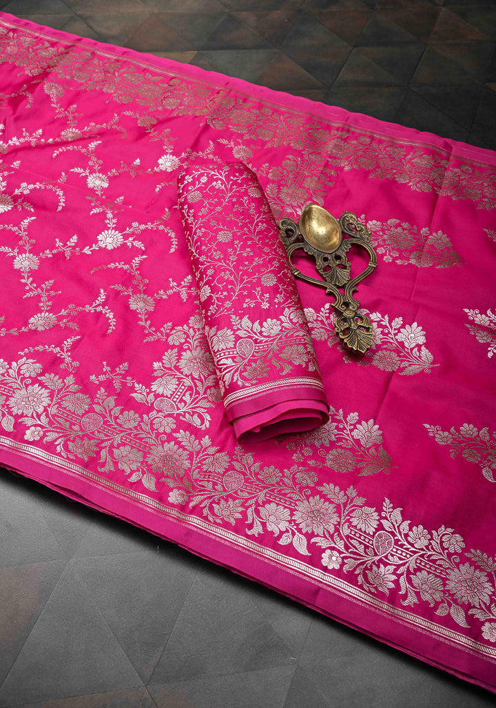 Shot Pink  Banarasi Semi Mashru Silk Saree with Floral Jaal and Zari Border