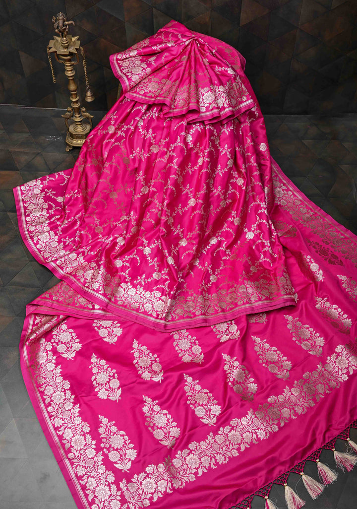 Shot Pink  Banarasi Semi Mashru Silk Saree with Floral Jaal and Zari Border