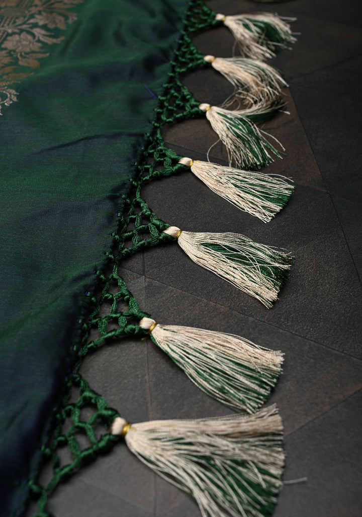Hunter Green Banarasi Semi Mashru Silk Saree with Floral Zari Buttas and Zari border